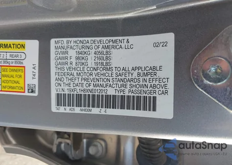 2022 Honda Civic Sport Touring z USA, uszkodzony, nr VIN 19XFL1H8XNE012012